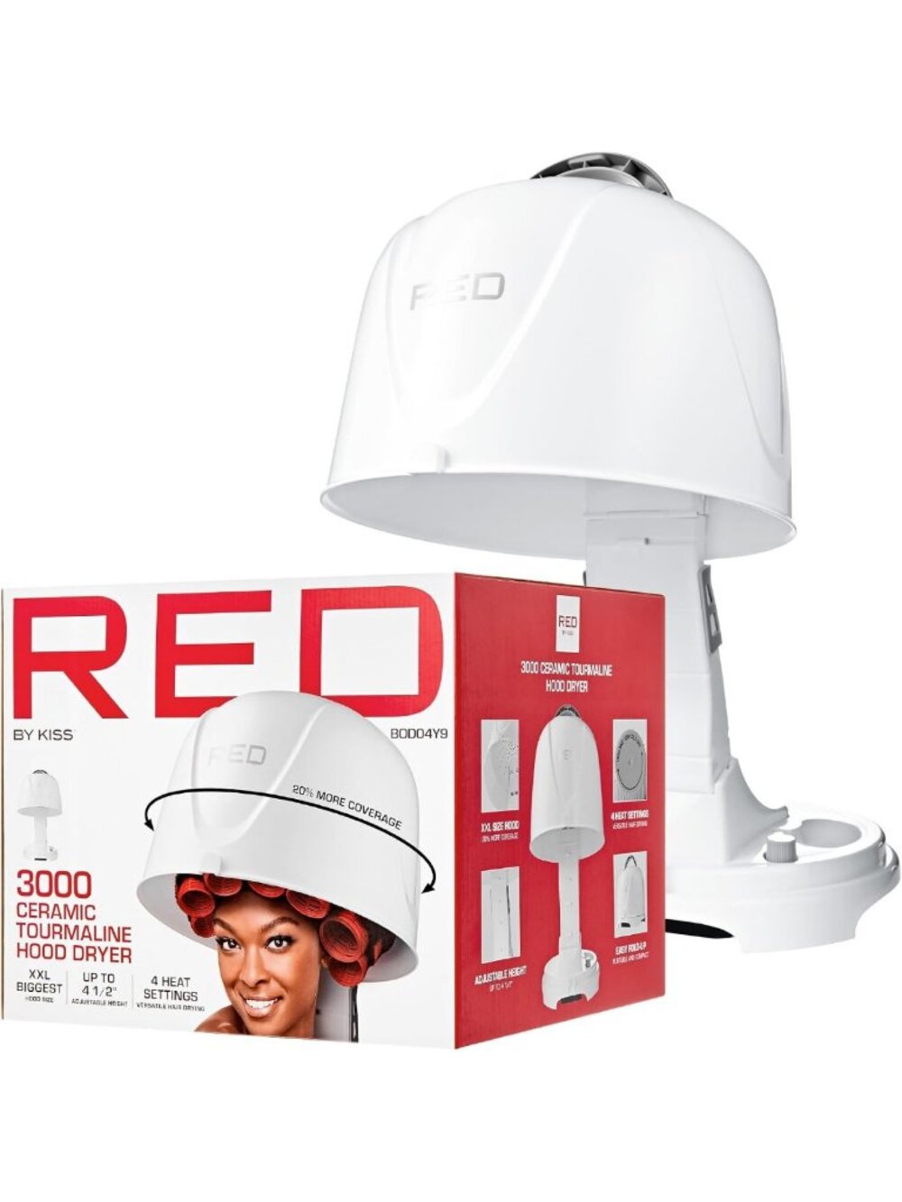 Professional Hooded Hair Dryer - Ceramic Tourmaline, 4 Heat Settings, Adjustable